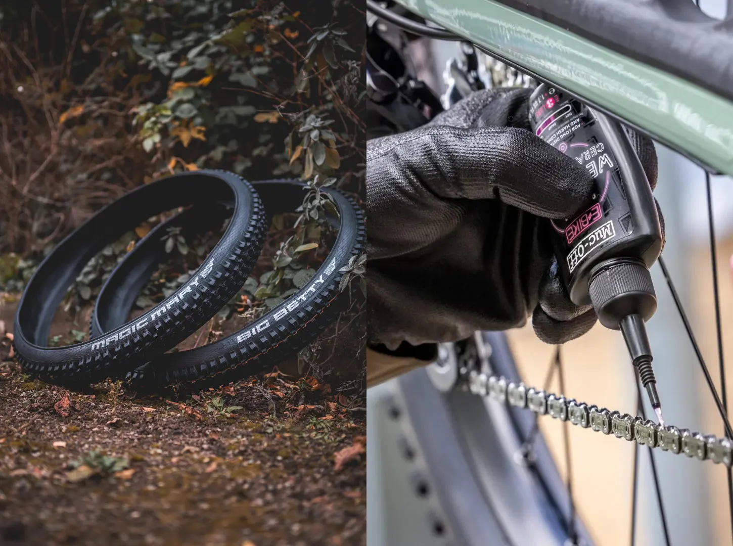 Links Fotos von Fahrradreifen und rechts jemand der die Kette seines Fahrrads ölt Beispiele für Mountainbikepflege