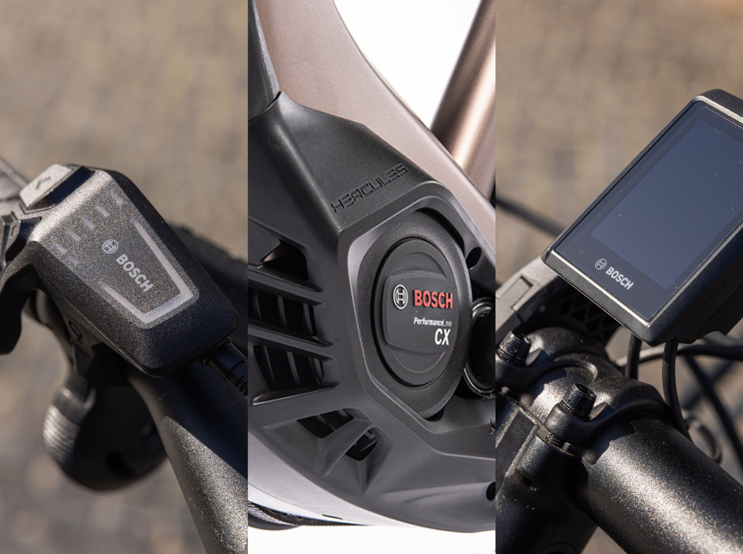 Drei Detailfotos von Hercules EBike Komponenten wie Bosch Motor und Display