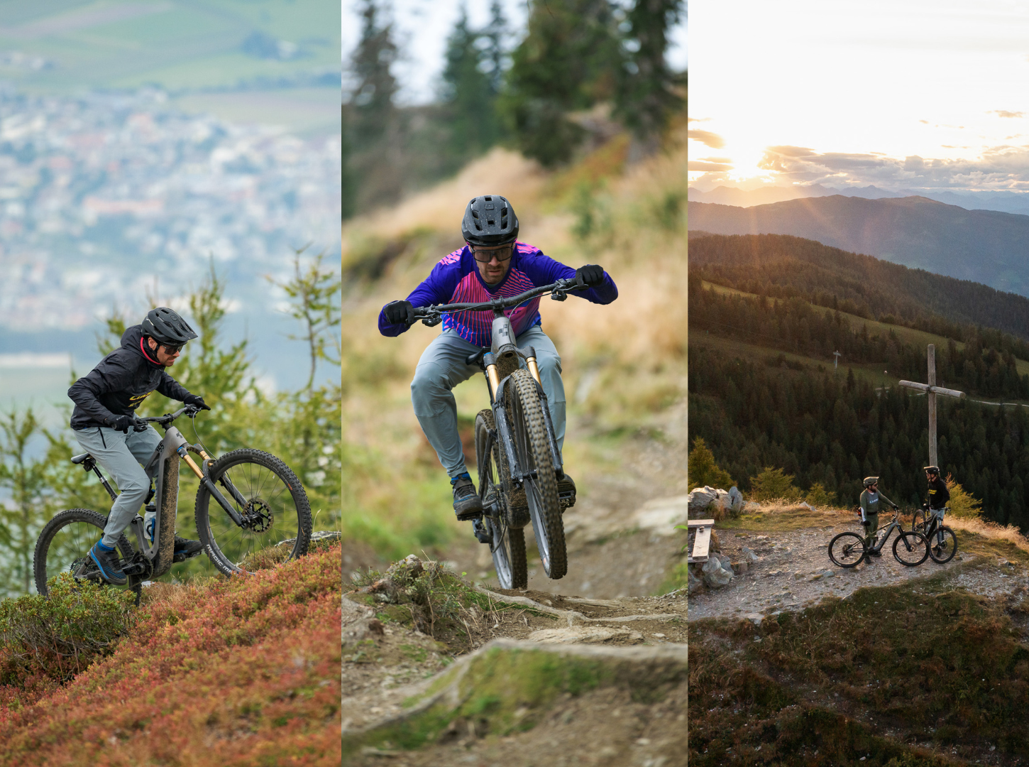 Links fährt ein Mann EMTB Fully einen Berg hoch in der Mitte fährt er Downhill über Wurzeln und Steine und rechts genießen zwei EMountainbiker den Sonnenuntergang auf einem Berg