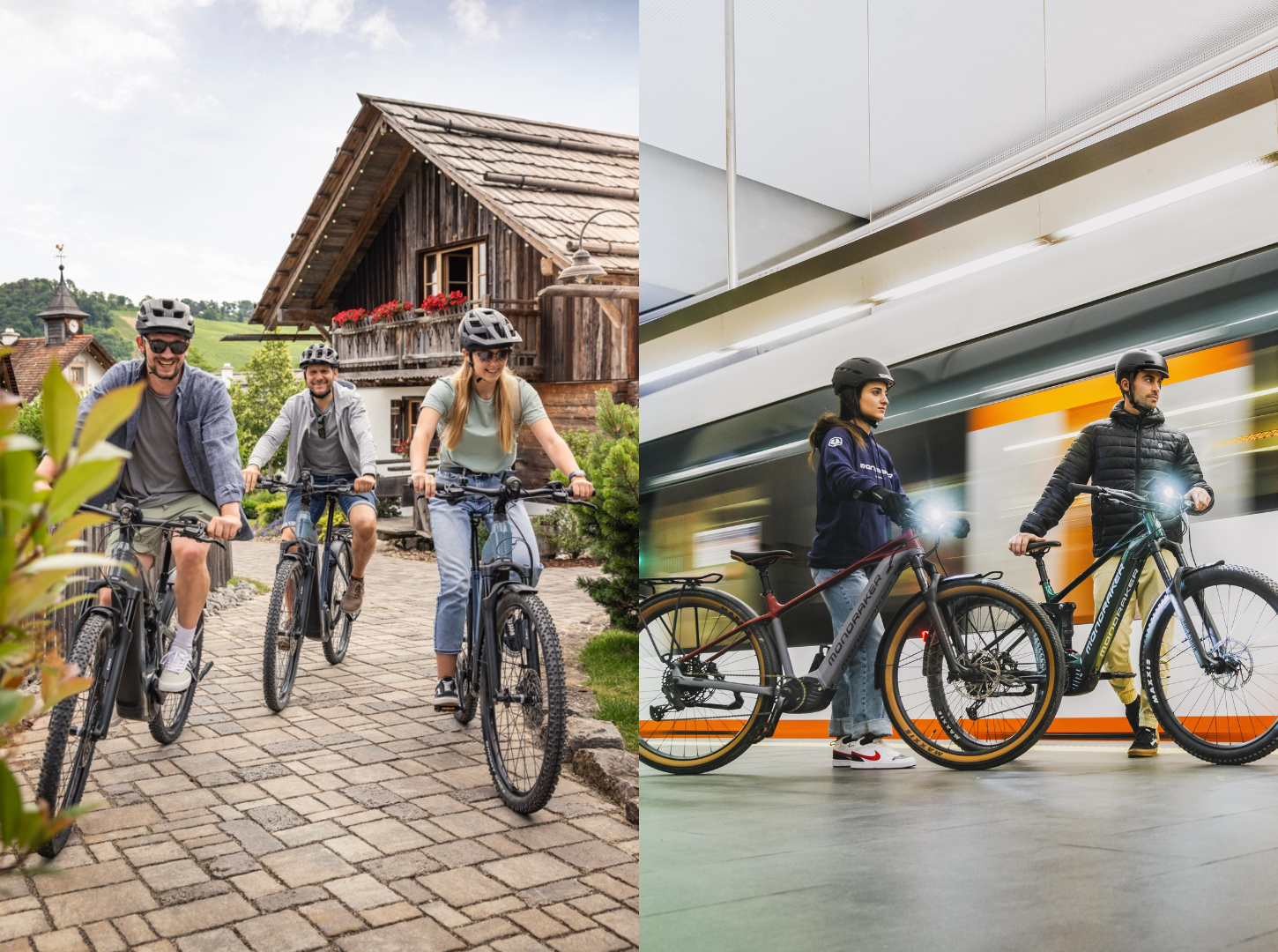 Links haben drei Leute Spaß am EMountainbike Hardtail fahren auf dem Land und rechts warten zwei Pendler mit ihren EBikes auf den Zug