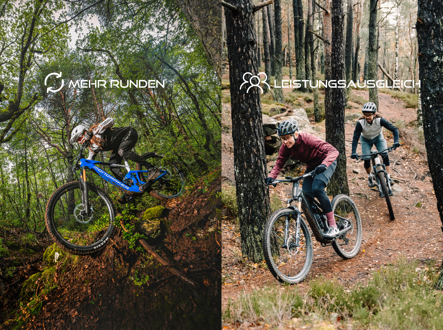 Links Endurofahrer mit Light EMountainbike rechts zwei Fahrer mit Light EMTBs beim Uphill im Wald