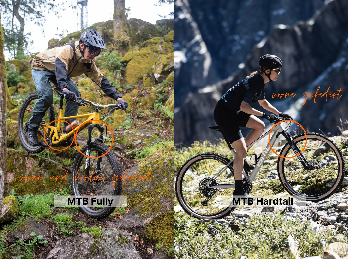 Links fährt ein MTB Fully Fahrer Downhill mit eingekreister Gabel und Dämpfer und rechts fährt eine MTB Hardtail Fahrerin den Berg hoch mit eingekreister Gabel für den Unterschied zwischen den beiden Modellen