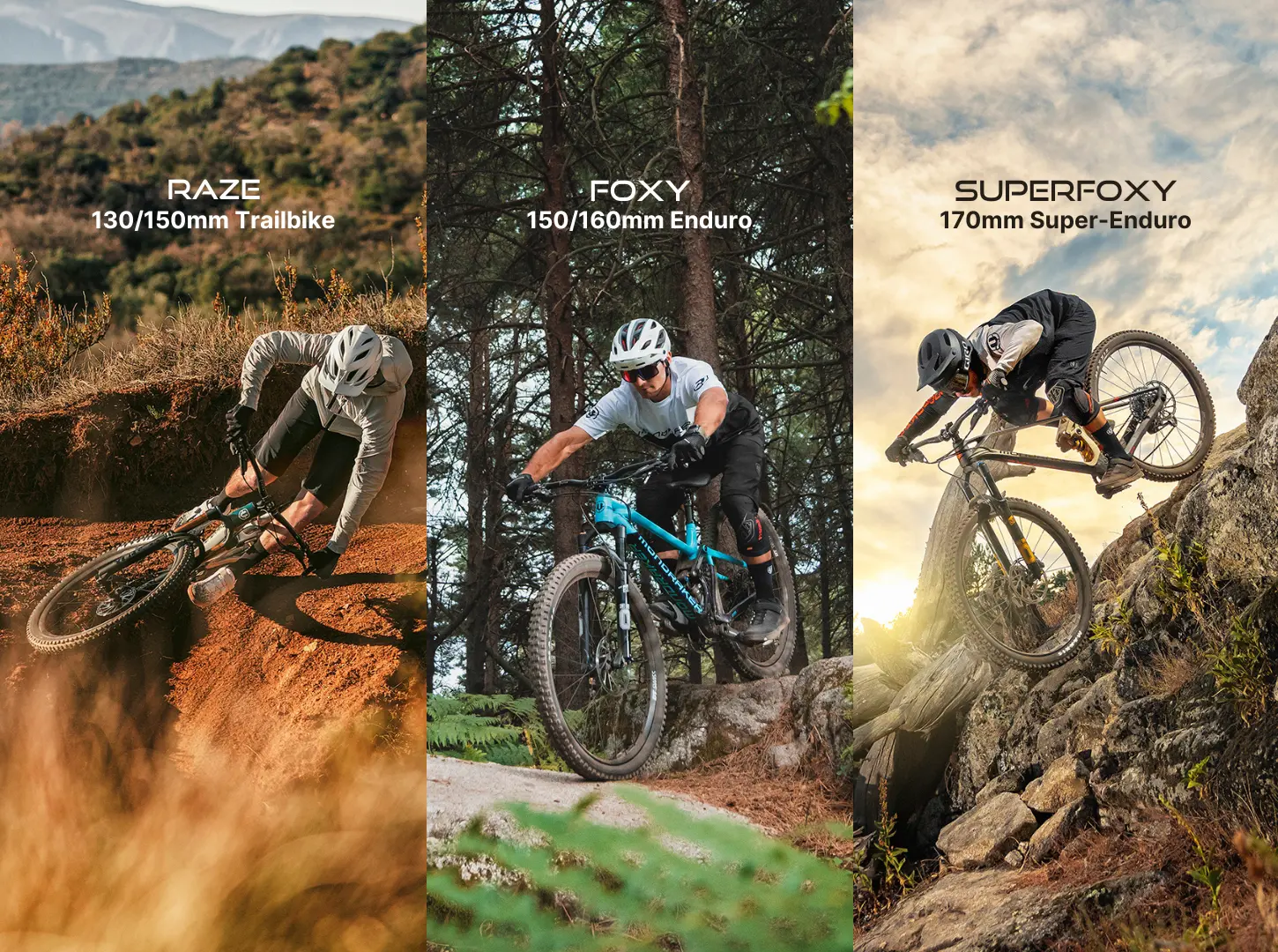 Drei Action Shots von Mondraker Mountainbikern aus verschiedenen Kategorien Raze als Trailbike Foxy als Endurobike und Superfoxy als Superenduro